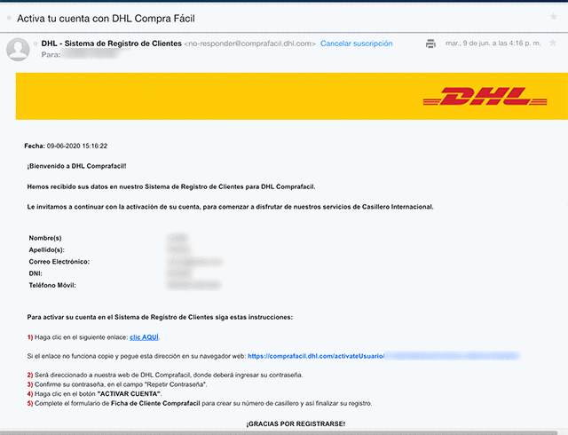 Mail de confirmacion Compra Facil DHL