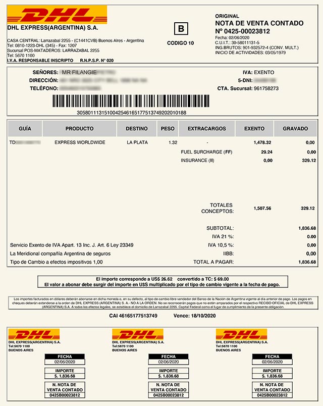 Factura de flete DHL Filangie
