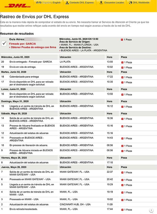 Recorrido del paquete con DHL