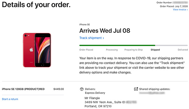 Apple Store iPhone estado shipped